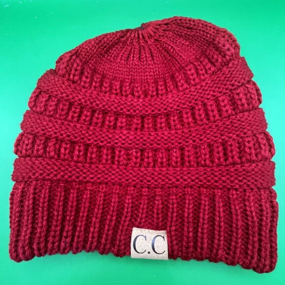 C.C. Exclusives Beanie Red Slouchy Ribbed Acrylic Knit Cuffed Fall Winter Hat - Picture 2 of 8